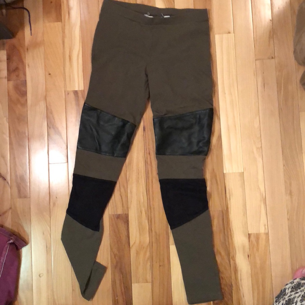 green cotton leggings w imitation leather